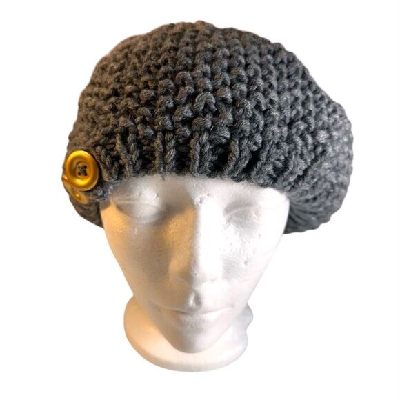 Hat Attack Handknit Slouchy Beret Crochet gray with gold accent buttons 🥰 CUTE - Picture 1 of 6